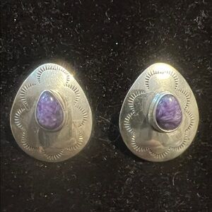 Sterling Silver and Purple Teardrop Earrings signed